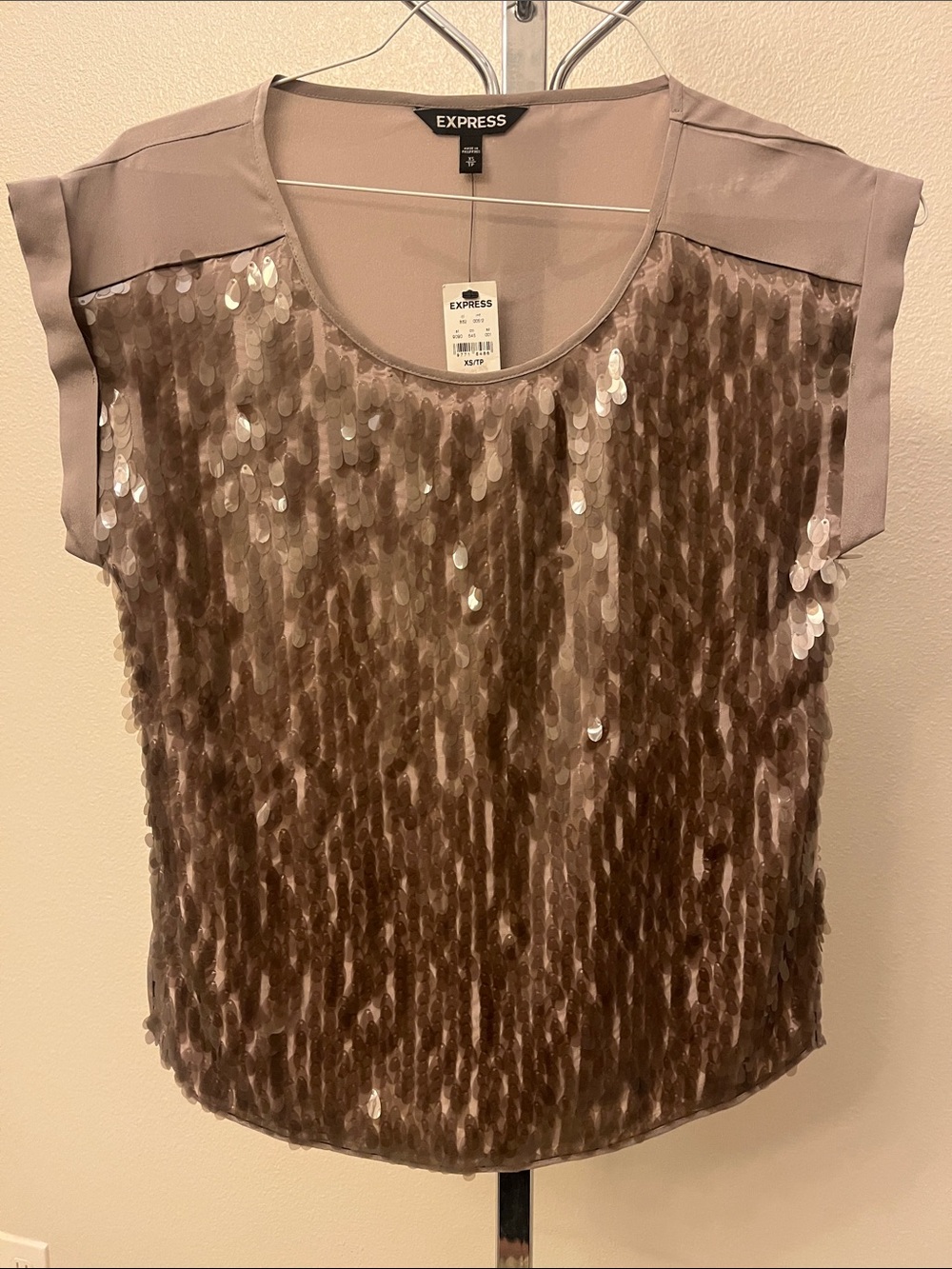 Express Taupe Sequin Short Sleeve Blouse